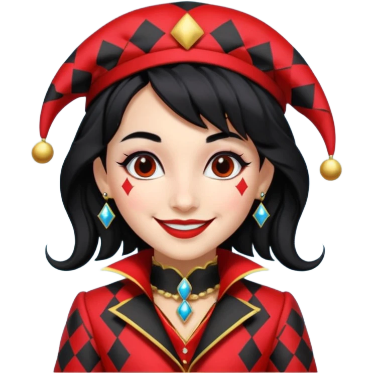 Jester girl, black and red suit, black hair, harley quinn emoji
