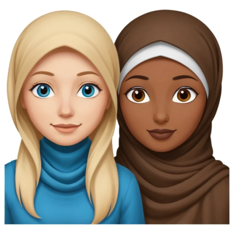 white girl with long blonde hair, blue eyes, tattoos, a septum nose piercing next to a dark skinned woman in a hijab with brown eyes emoji
