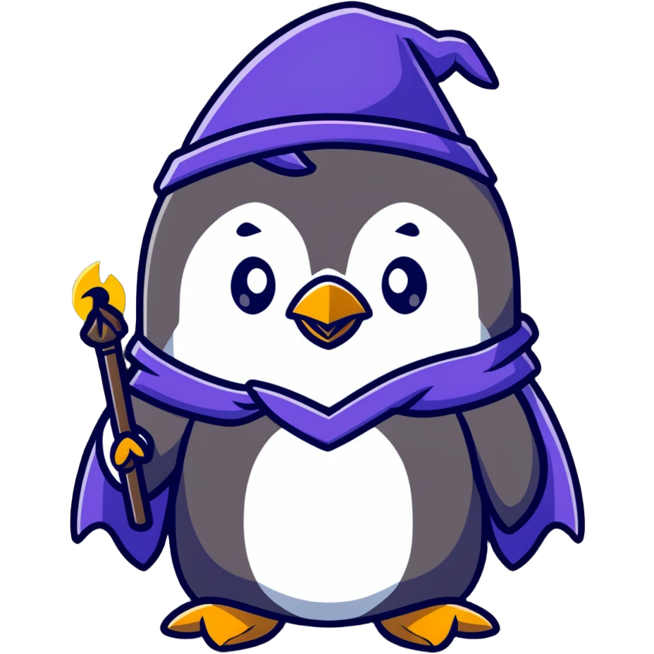 Cute penguin in wizard robes casting a spell emoji