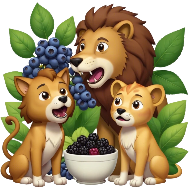 A dog barking at a lion while Rick and Morty from Rick and Morty eat blueberry’s and blackberries  emoji