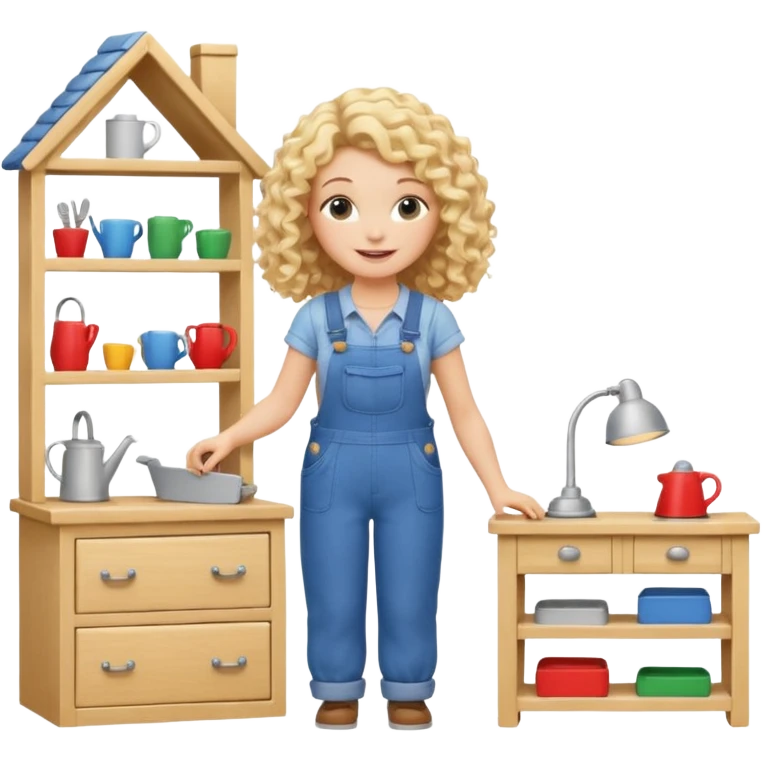 smiling blonde curly woman arranging furniture in doll house with overalls emoji