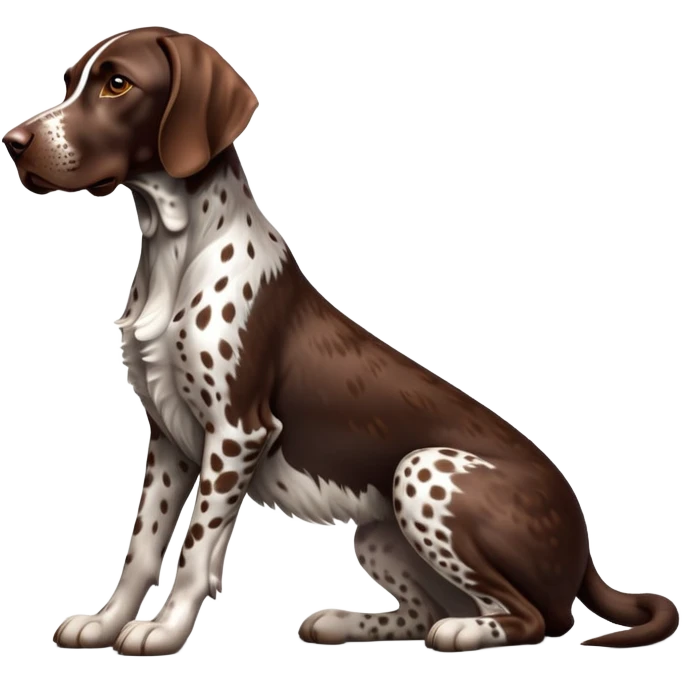 cinematic-[german pointer]-realistic-full-body-sitting-emoji,-tail-resting-loosely-beside-its-paws,-head-tilted-dramatically,-sleek-[brown and white spotted]-fur,-simplified-yet-realistic-focused-features,-highly-detailed,-glowing-with-an-almost-sarcastic-glow emoji