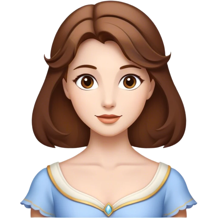 Cinematic Timeless Belle Portrait Emoji, rendered in a clean, vector style. Depict Belle with fair, luminous skin, beautifully arranged brown hair, and a serene, graceful expression, dressed in her classic attire. The design features bold, simplified shapes, a soft, enchanting glow, and a subtle glowing outline, capturing the essence of pure, timeless beauty. emoji