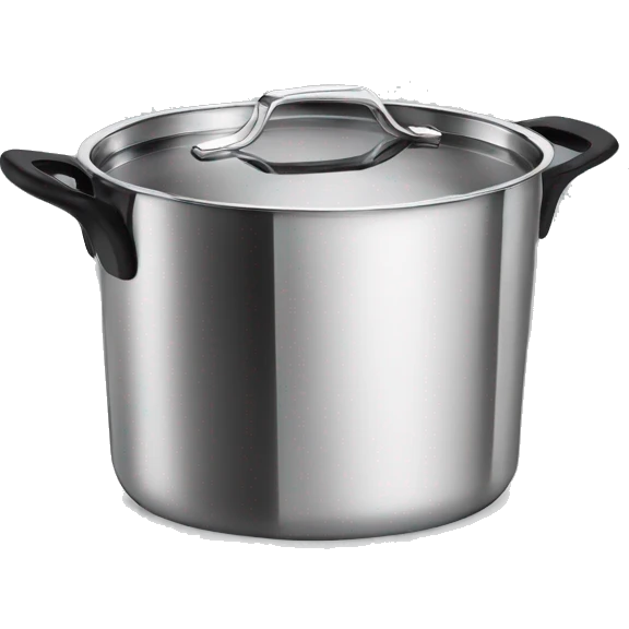 “Royal Prestige” Stainless steel pot with black handlers, food inside. emoji