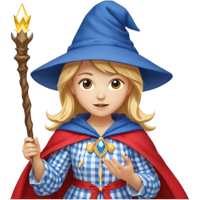 young woman mage with golden blonde hair, red and white gingham dress, blue cloak and pointy hat, casting a spell, emoji style emoji