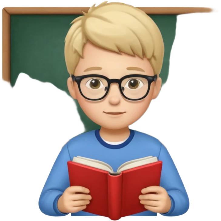Boy with glasses sitting at school reading with his back to the camera emoji