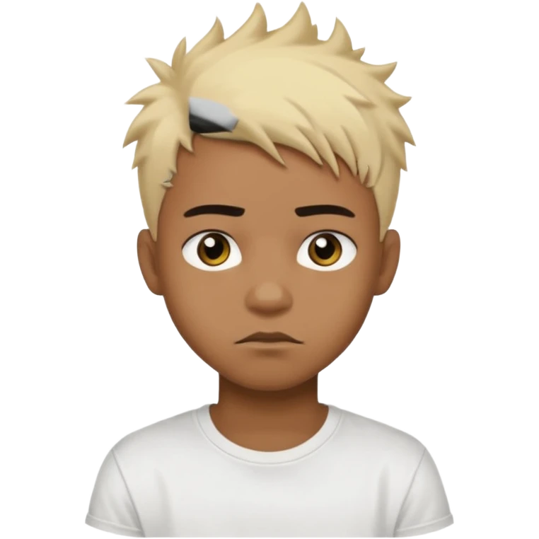 Black Male Teenager with Short punk messy blonde hair, Dark brown bushy eyebrows large expressive golden-brown eyes, wearing a plain white t-shirt, Dark Brown skin color. emoji