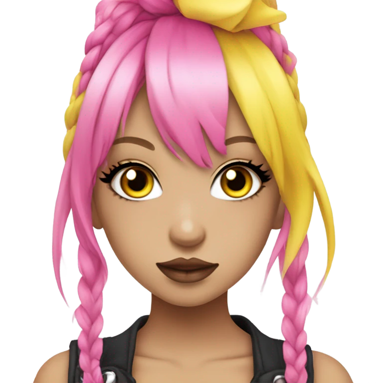 hime gyaru girl, blue eyes, hot pink and yellow split-dyed hair, dark makeup, punk clothes emoji