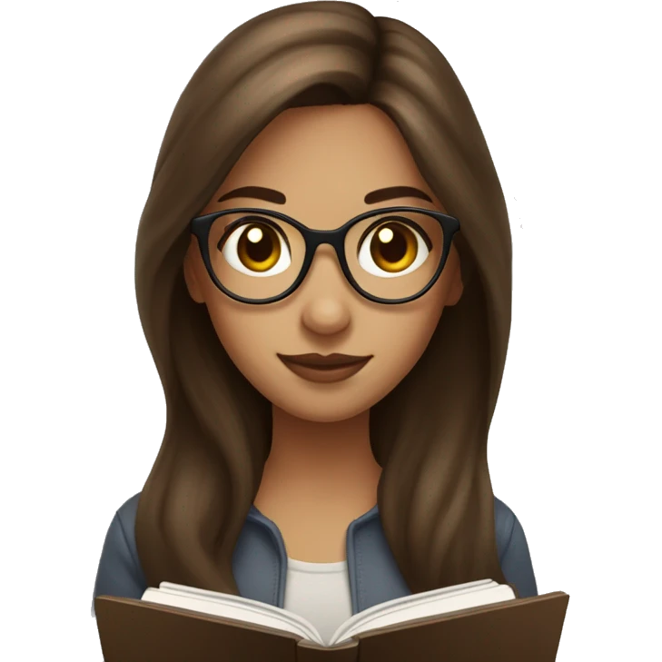 Girl with long brown hair and hazel eyes with brown glasses reading a kindle emoji