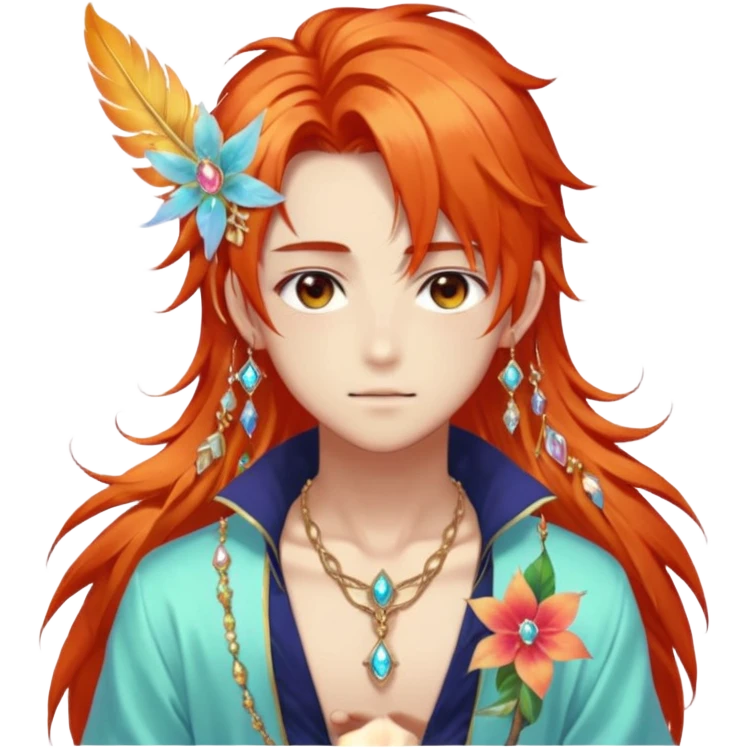 Beautiful gorgeous anime boy with beautiful fiery-special-medium-long-hair, fashion aesthetic, ethereal, fairycore, pastelcore, feather, flower, gems, accessories, jewelries, gold, colorful emoji