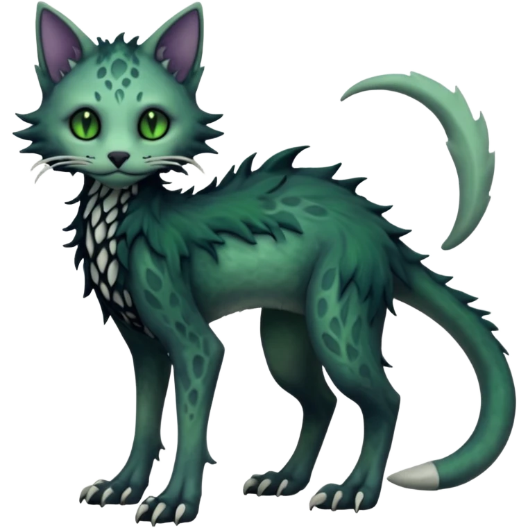 Scaley Kawaii spectral spooky dark bleak blackish swampy white-skeletal gloomy ghostly dark greyish dark-deep-greenish foggy eldritch beautiful realistic edgy fantasy ghoul-like stitched feline-vernid-sergal-fursona animal creature with a tufted tail full body with intricate markings  emoji