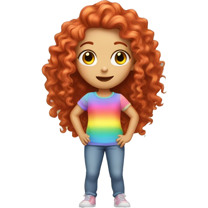 white girl with long red curly hair, wearing a pastel rainbow shirt doing a pose emoji