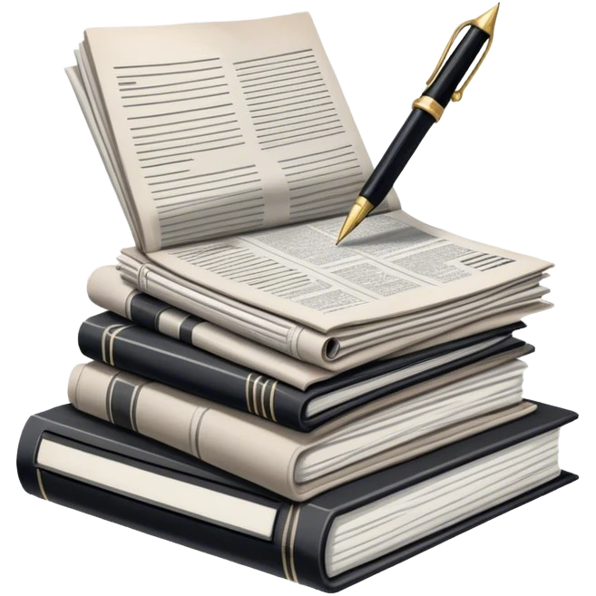 Create an emoji representing journalism and publicistic writing. The design should feature a stack of newspapers as the base, with an open working notebook placed on top of them. A single fountain pen should rest at the very top on the notebook, symbolizing the act of writing. Use neutral, professional colors like black, white, and muted tones to convey a sense of seriousness and intellect. Do not include any emojis or smiley faces. Make the background transparent. emoji