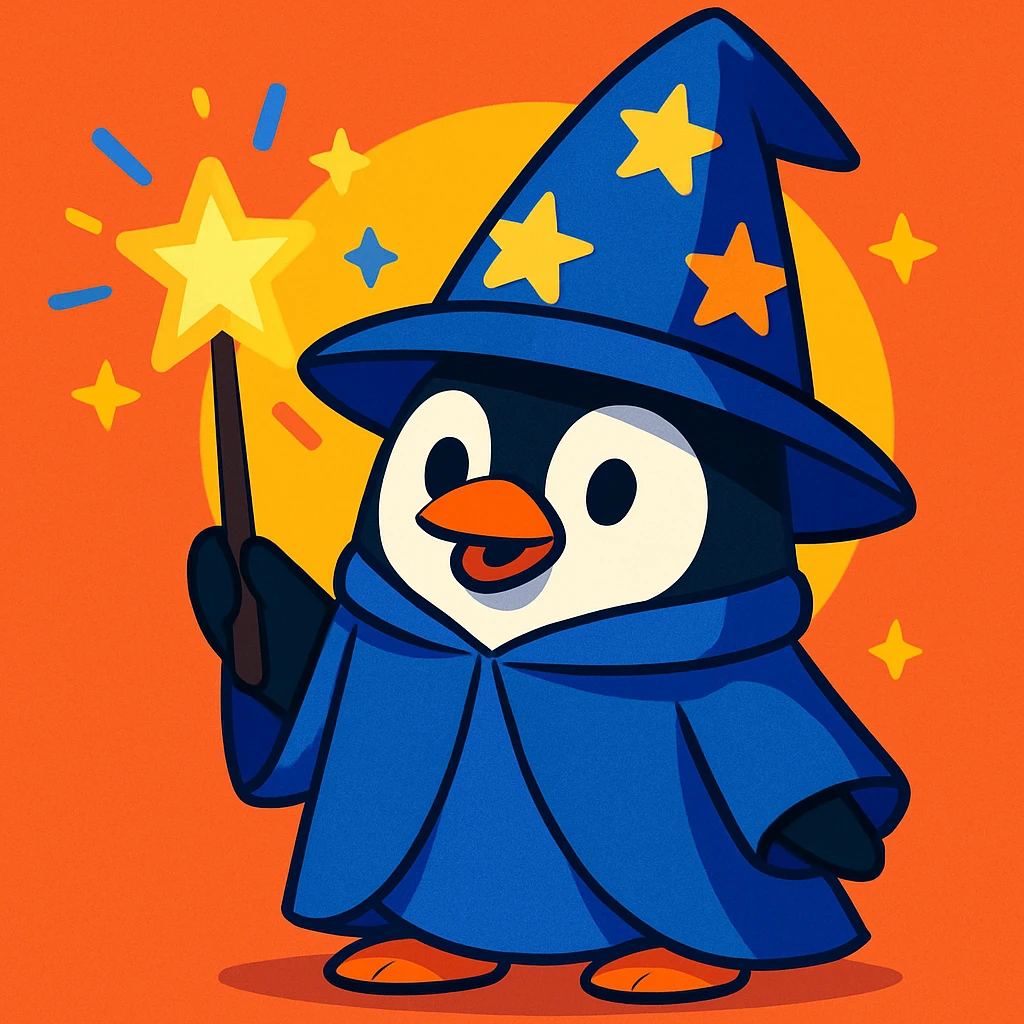a penguin wizard with a starry hat and magic wand, fun colorful style emoji