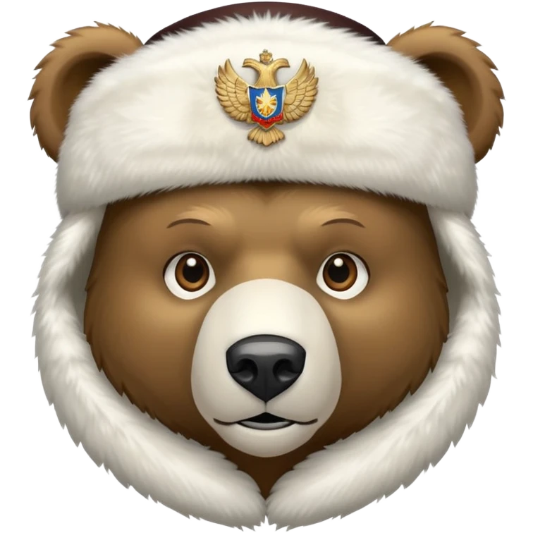 Bear head only in white fur ushanka hat with accurate Russian Federation eagle emblem clearly visible in center, iOS emoji style emoji