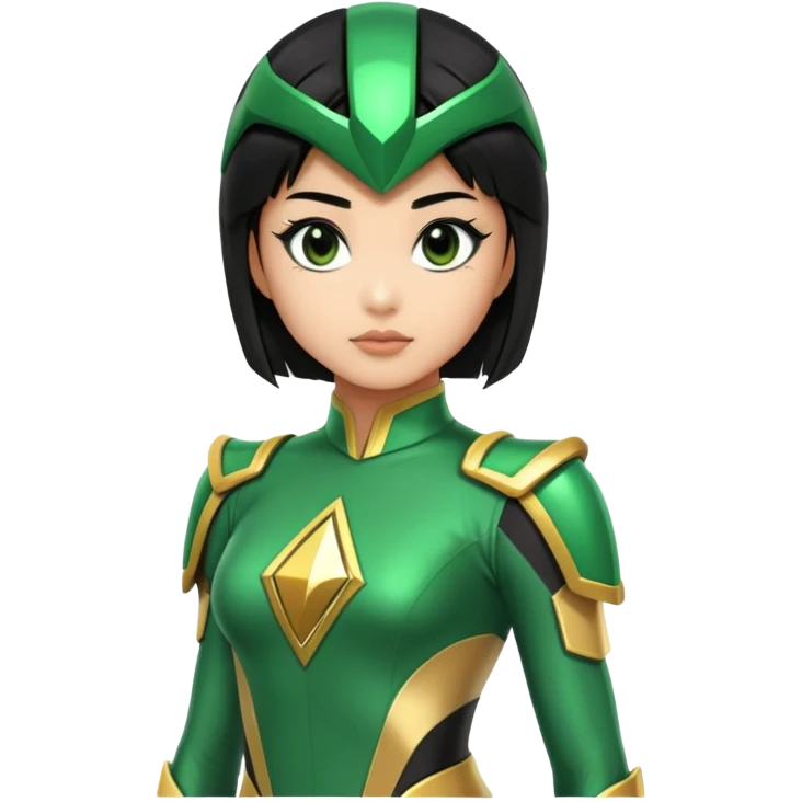 wasian girl in a green Power Ranger suit, black straight hair, black eyes emoji