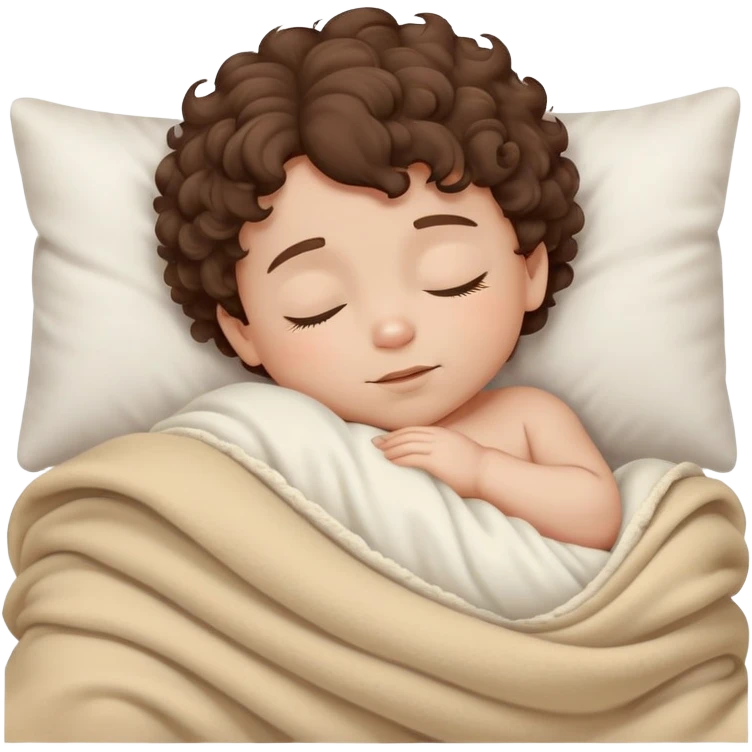 Baby boy with curly brown hair, white skin, sleeping with beige blanket and pillows emoji