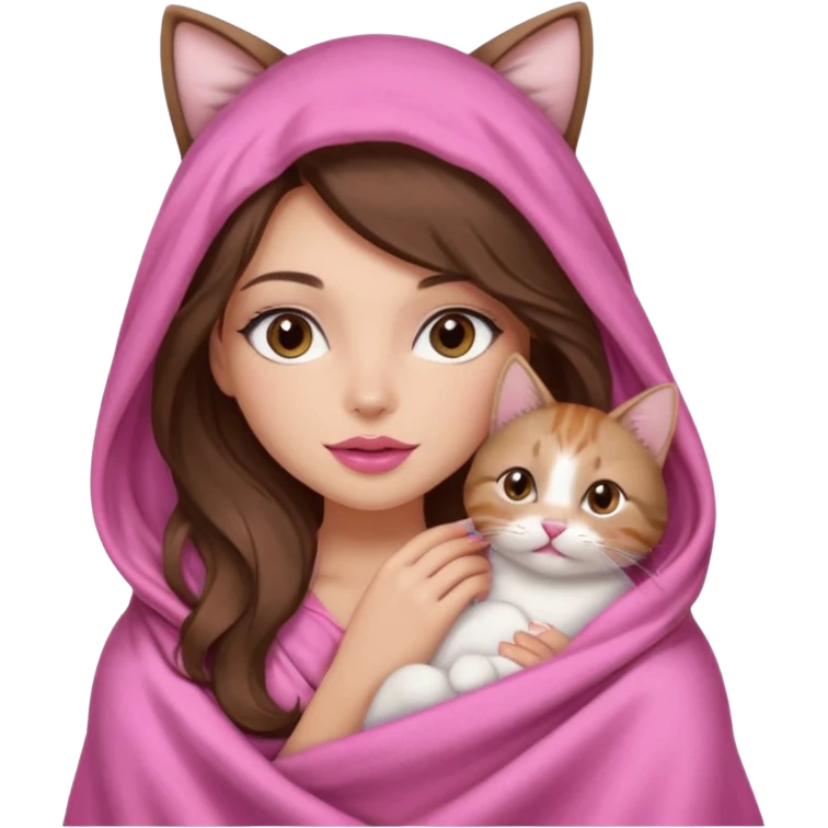 girl with long wavy brown hair, brown eyes, long lashes makeup, sexy pink lips, light to medium complexion, wearing a pink sexy silk top, big blanket over the head cozy holding a cat,  emoji