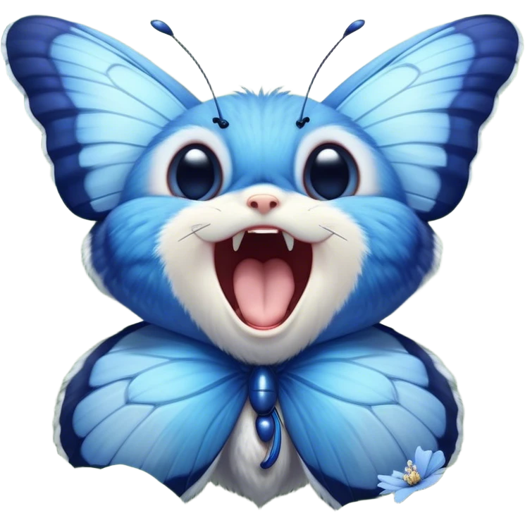Cinematic Realistic Cute Yawning Blue Butterfly Portrait Emoji, Head tilted slightly with a dramatic, wide-open yawn, showcasing soft, downy sapphire wings with delicate, natural droop and half-closed, drowsy eyes rendered in exquisite detail, high shine, relaxed yet expressive, styled with a dash of subtle garden charm, soft glowing outline, capturing the essence of a sleepy yet affectionate blue butterfly that appears ready to rest its wings in quiet, enchanted slumber! emoji