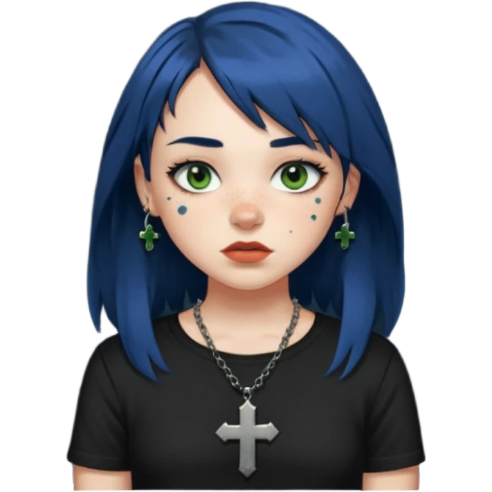 “Make an emoji of a girl with freckles on her cheeks, dark blue hair, greenish-brown eyes (more on the green side), black clothes, medium-sized lips, side curtain bangs, a punk cross necklace, and an Affliction shirt. emoji