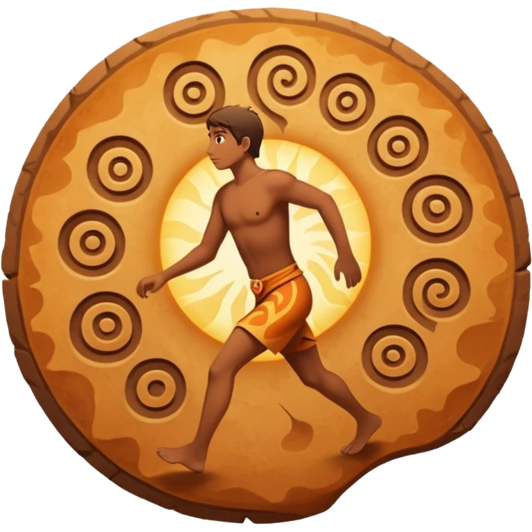 
una mezcla de sol + montaña + caminante estilo petroglifo con un espiral tipo energía ancestral emoji