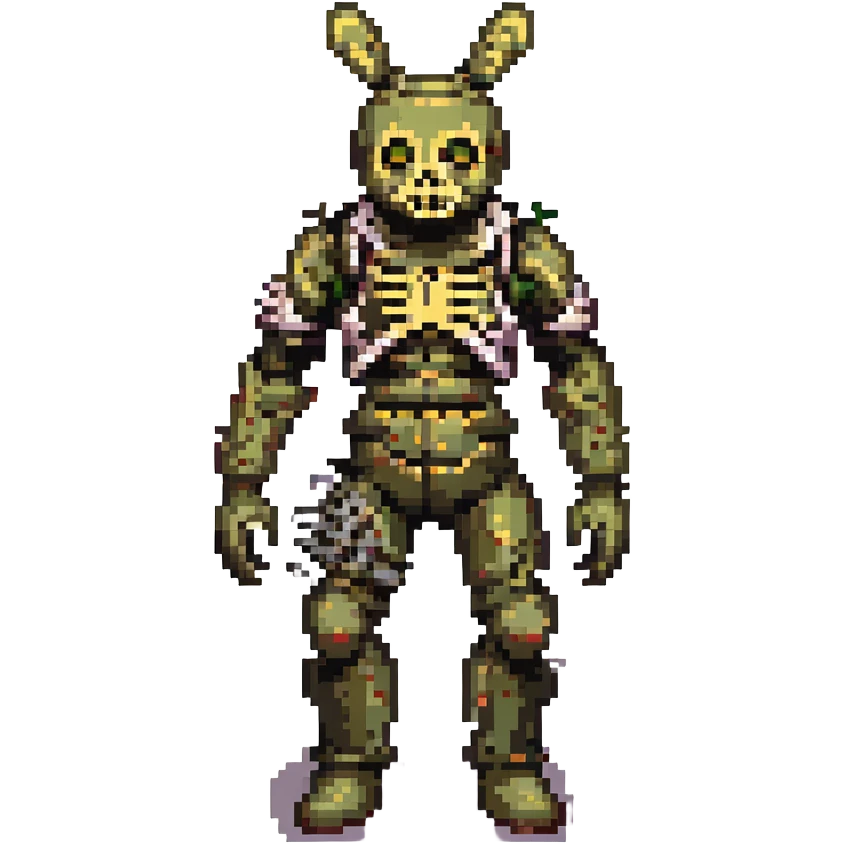 full body broken suit exposed metal parts eerie and menacing Springtrap, pixel art emoji