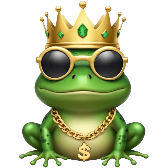 gangster frog wearing a gold crown, cool sunglasses, gold chain, dollar sign chain emoji