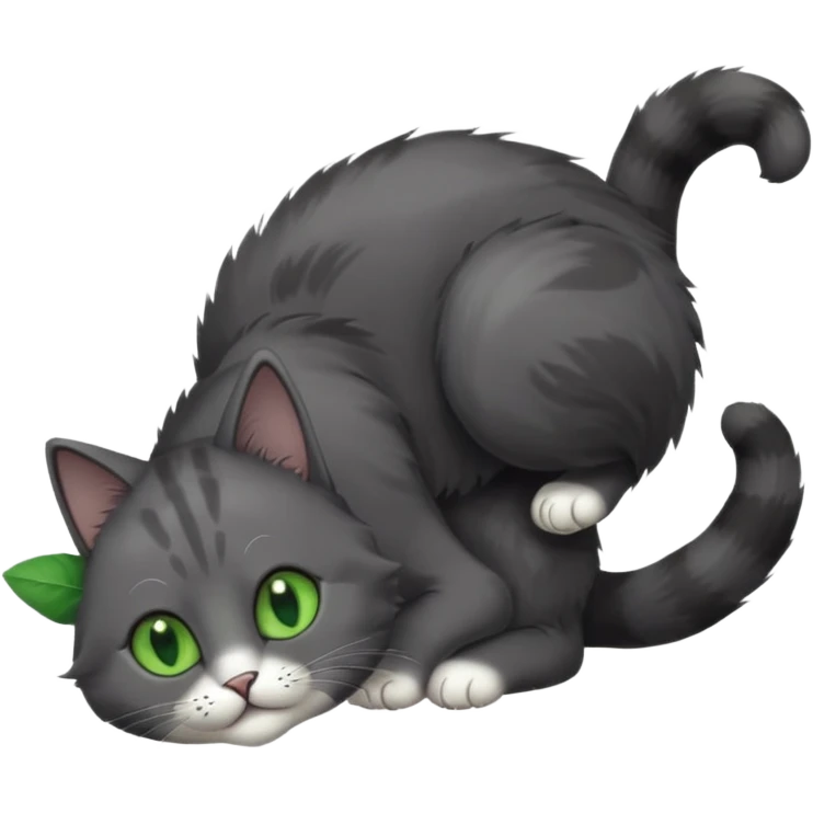 solid dark grey cat with green eyes, completely solid grey face, white toes/paws playfully rolling upside down emoji