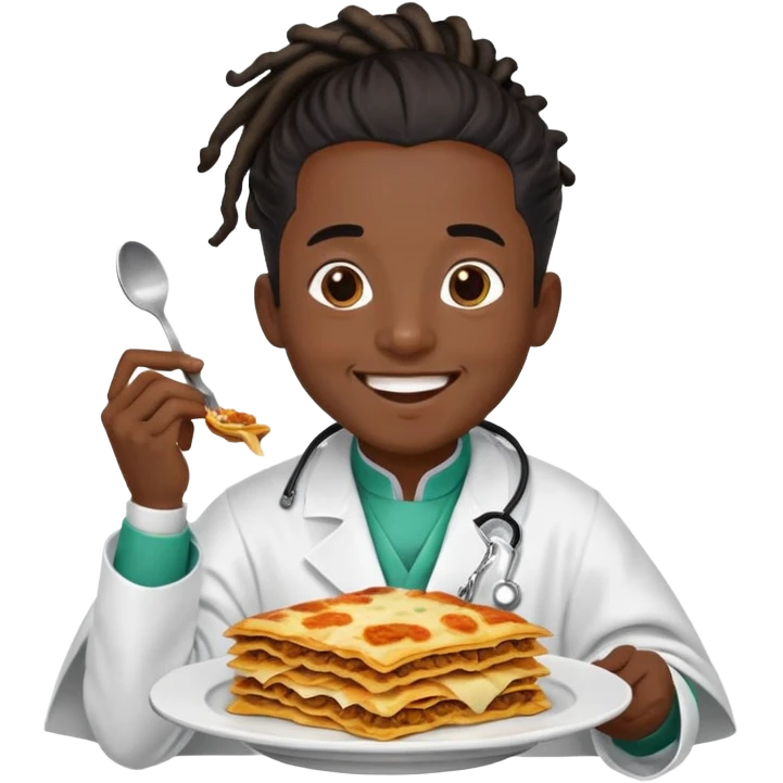  High fade ponytail dreadlock male black hair dark skin smiling doctor and nigerian cape eating lasagna  emoji