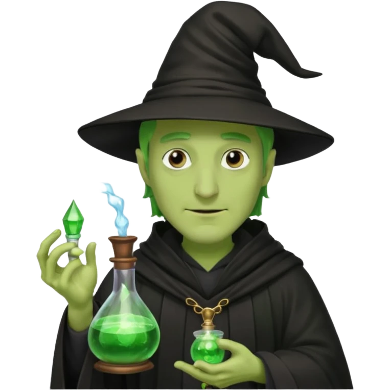 Green-skinned male wizard with a long nose, wearing a black hat and robe, holding a glowing potion bottle emoji