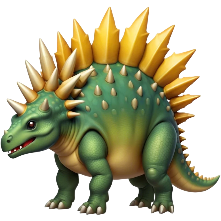 Cinematic Noble Stegosaurus Portrait Emoji, Poised and dignified, with a sturdy, low-slung body adorned by a distinctive row of bony plates along its back and a spiked tail, a small, determined head with observant eyes, Simplified yet sharply defined features, highly detailed, glowing with a soft, earthy radiance, high shine, intelligent and resolute, stylized with an air of ancient armored majesty, focused and alert, soft glowing outline, capturing the essence of a watchful and confident Stegosaurus that appears ready to lumber out of the screen with effortless authority! emoji
