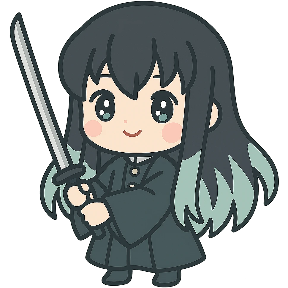 Muichiro Tokito from Demon Slayer, chibi style, holding a sword, cute expression emoji