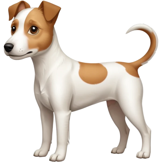 a full body large white parson russell looking dog the size of a kelpie with light brown ears and a light brown patch on one eye and a large snout emoji