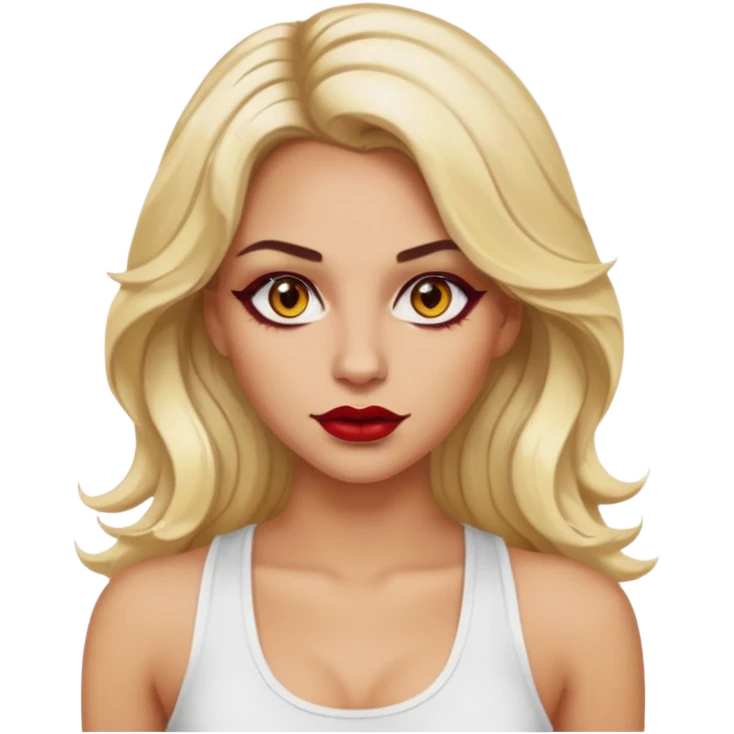 a woman with white tank top her hair is long wavy blonde hair, her face is baddie girl style, her eyes color are yellow and the color of her lip is red maroon emoji