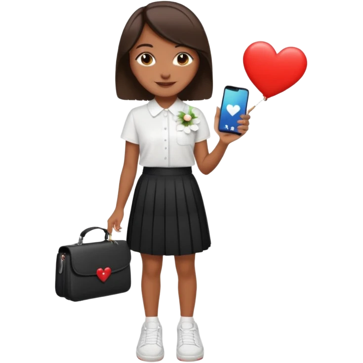Menina pele parda, cabelo liso médio curto preso com presilhade flor branca, roupa modesta, blusa branca e saia preta plissada não curta,  tênis branco celular Samsung a06 capinha vermelha, sorridente com coração em volta emoji