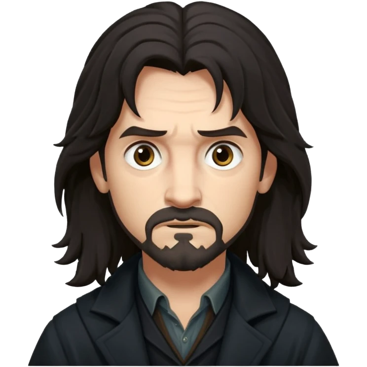 Sirius Black emoji, long dark hair, rugged features, mysterious expression, dark coat, inspired by Harry Potter films emoji