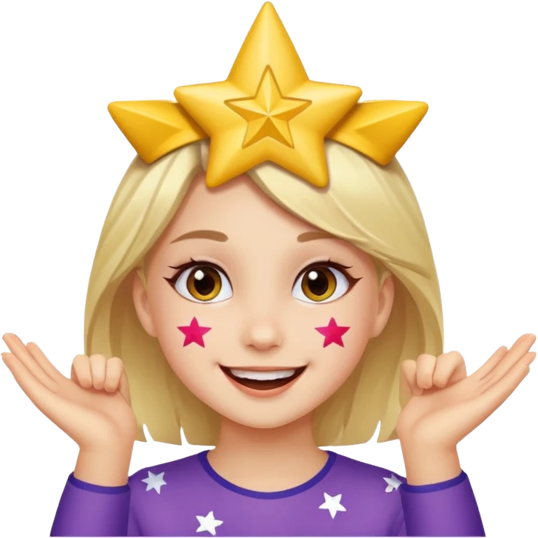 A girl with star-shaped cheek paint, cheering with bright eyes. emoji