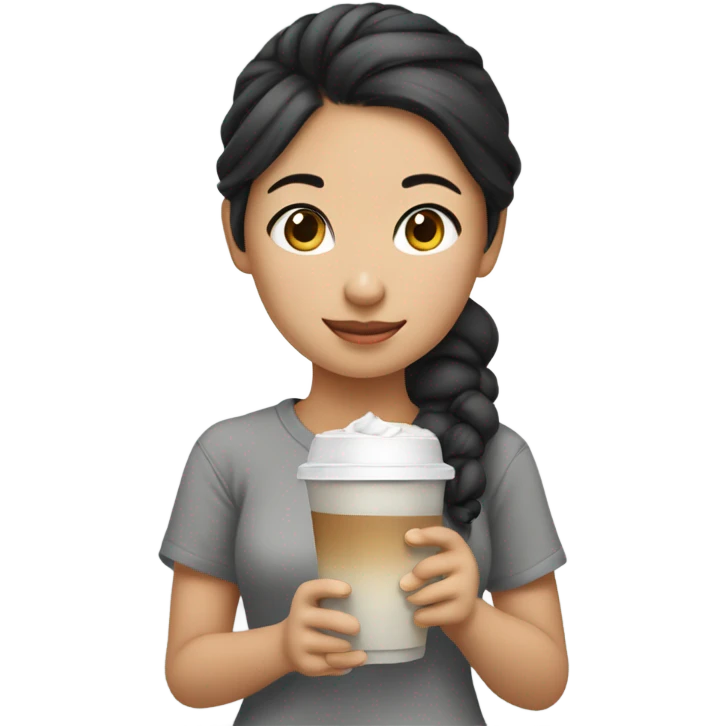 an asian girl with black hair tied in bun wearing a cute gray shirt holding a cup of iced coffee in her hand emoji