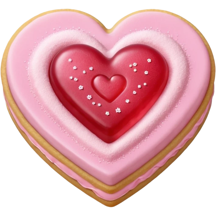 Realistic shortbread cookie in the shape of a heart with pale pink jelly middle filling and sprinkled powder sugar on top. emoji