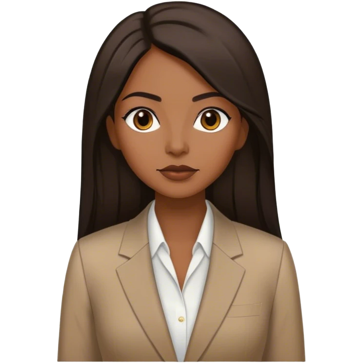 dark brown woman with dark brown long straight hair with middle part and an executive tan suit  emoji