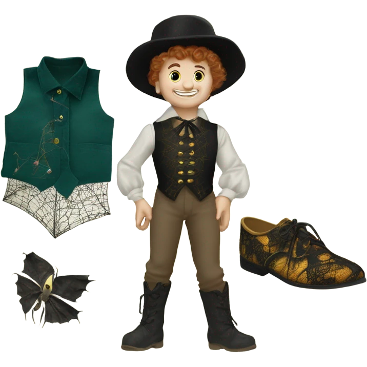 Tom Thumb whimsical fairytale boy shoes and thistledown doublet shirt made of spider web emoji