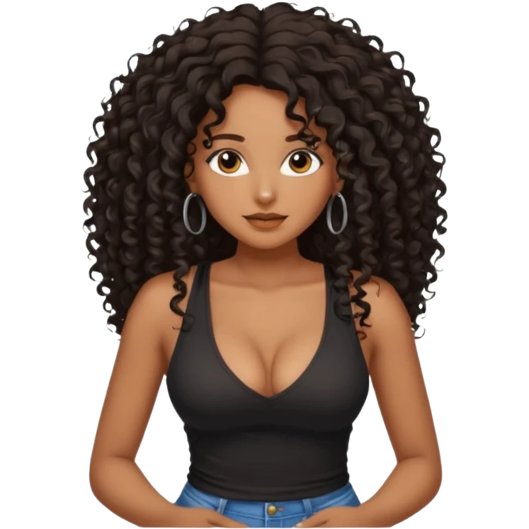 brown skinned lady with curly black hair long hair, messy, nice curves, busty, low cut tank top emoji