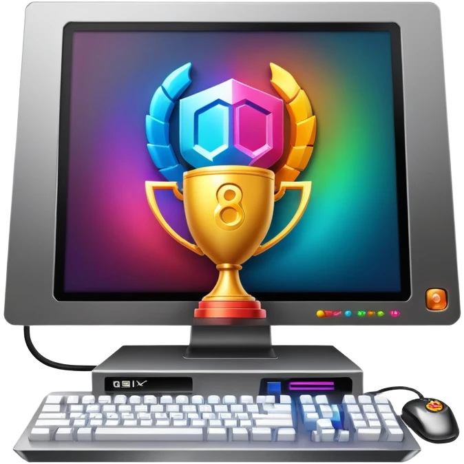 Gaming computer with qbix88 logo, popular online gaming platform with trophy and expert player badge emoji