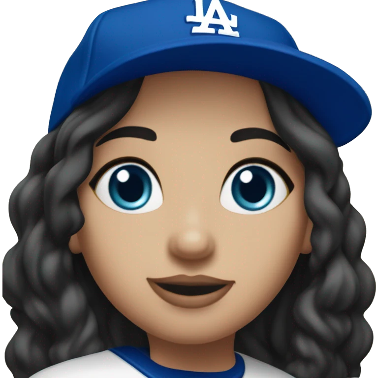 Woman, long black hair, fair skin, blue eyes LA Dodger hat birthday party emoji