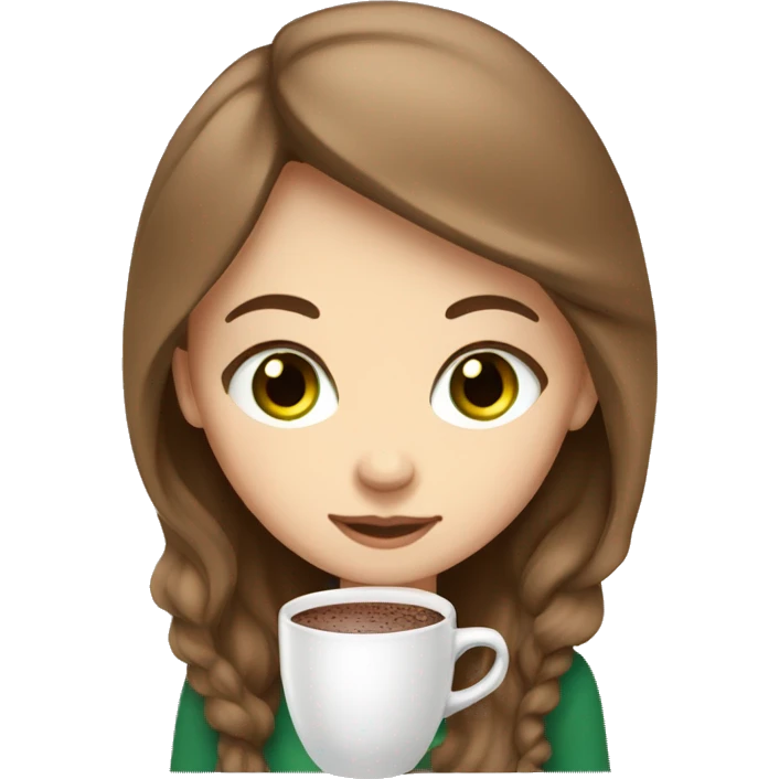 white girl with brown long hair green eyes and a hot chocolate emoji