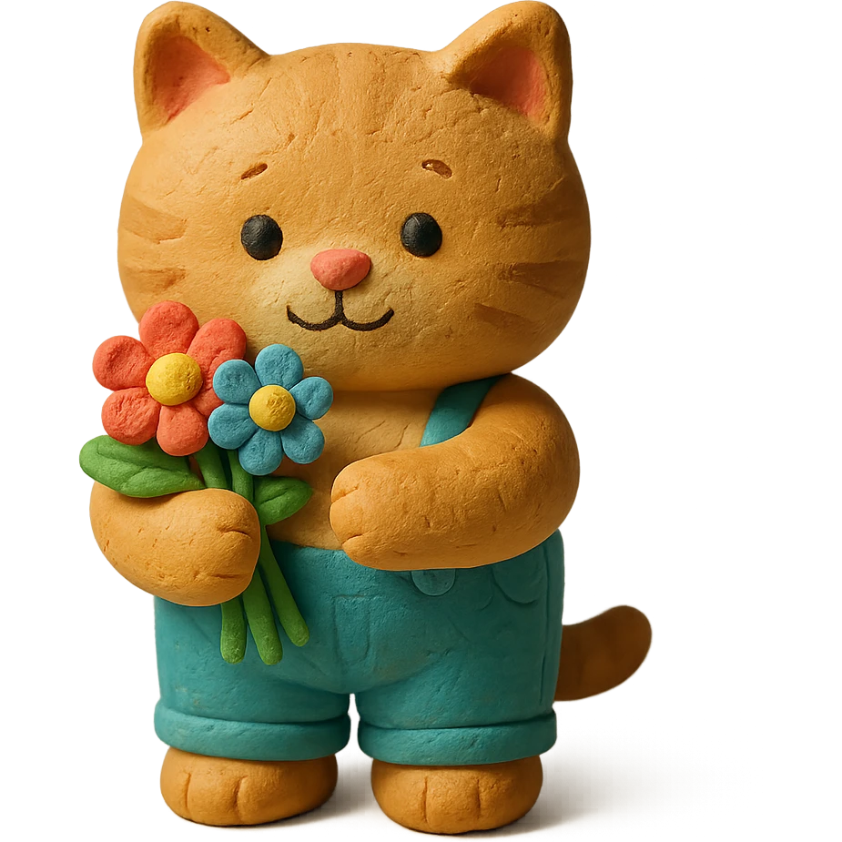 a chubby kitten dressed in pants and holding flowers emoji