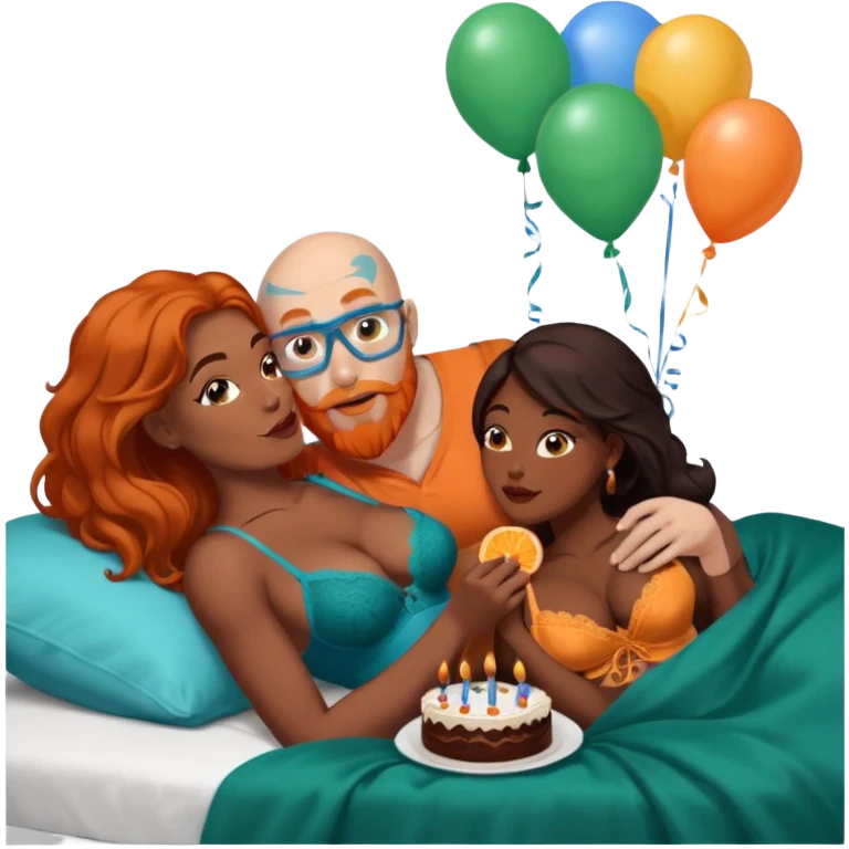 Muscular Bald white male who has a orange beard & blue eyes, kissing curvy African American dark brown woman who has long brown black hair wearing dark green lingerie Laying in bed with chocolate birthday cake and balloons  emoji