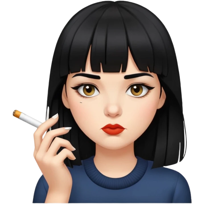 Gere uma imagem de uma menina que tem franja acima do sobrancelha, cabelos pretos longos fumando um cigarro emoji