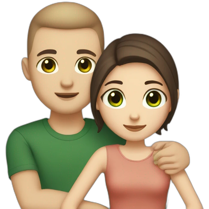 white skin Boyfriend with a light brown buzzcut and green eyes and medium length dark brown hair girlfriend with black eyes hugging emoji