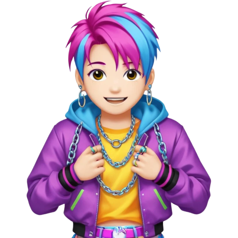  portrait-of-young-monster-idol-in-kpop-style,-wearing-flashy-streetwear-outfit,-colorful-dyed-hair,-confident-pose,-accessorized-with-chains- emoji